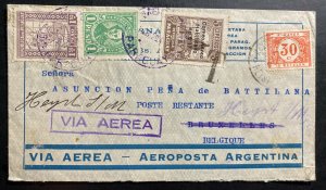 1929 Asuncion Paraguay Airmail cover to Bruxelles Belgium Portage Due