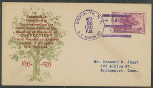 US 772 (1935) 3c Connecticut 300th Anniverary(Charter Oak) single on an addressed(typed) creased First Day cover with an unoffic