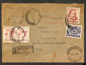 POLAND 556 (x2) 592 & 605 STAMPS MARKS & CLERK NY REGISTERED AIRMAIL COVER 1955