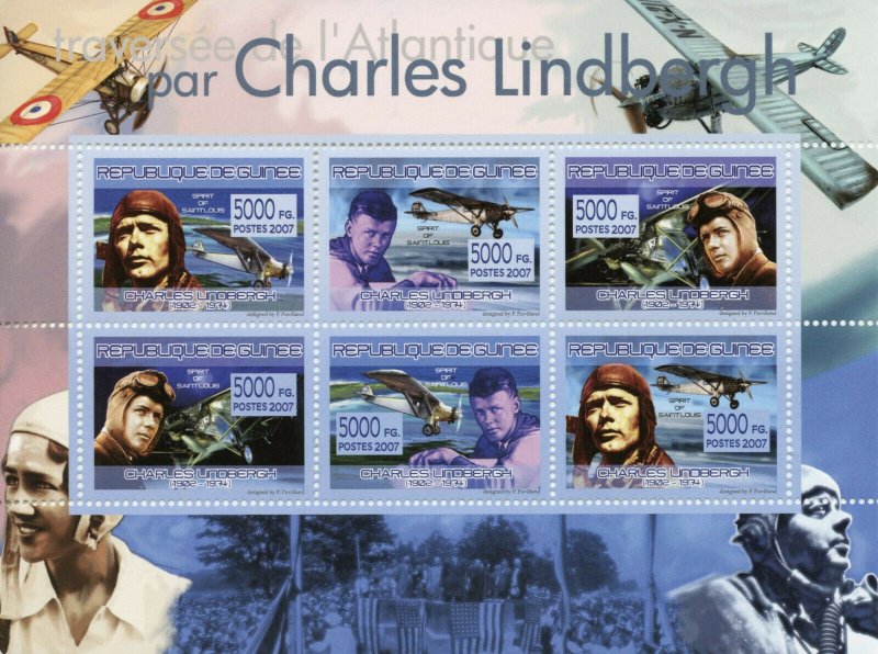 Guinea Aviation Stamps 2007 MNH Charles Lindbergh Atlantic Crossing 6v M/S