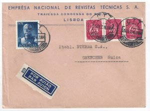 Portugal Dec1945 Airmail cover GRENCHEN Switzerland multifranking Sc#655 Mf#657