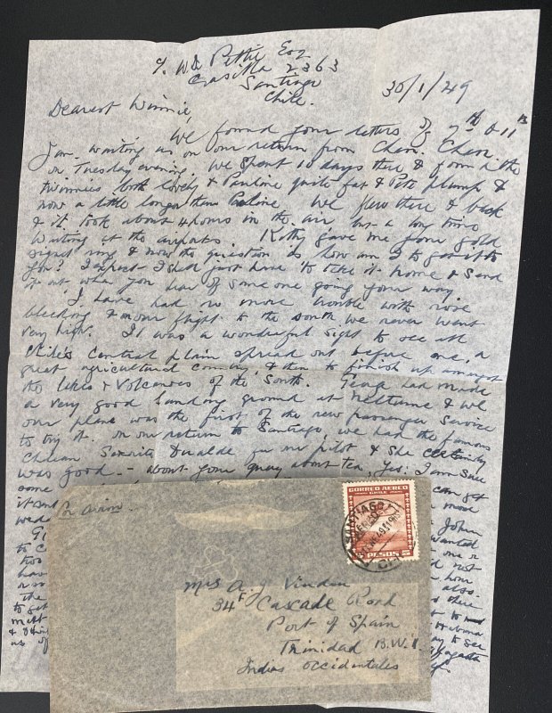 1949 Santiago Chile Airmail Cover To Port Spain Trinidad With Letter