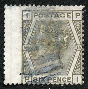 SG147 6d Grey (light thin) Plate 16 Cat 80 pounds BLUE Postmark