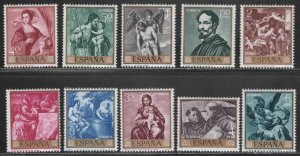 Spain #1556-65 ~ Cplt Set of 10 ~ Cano Paintings ~ Unused, HM  (1969)