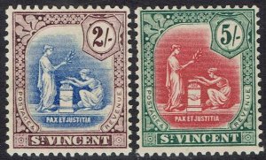 ST VINCENT 1921 PEACE AND JUSTICE 2/- AND 5/- WMK MULTI SCRIPT CA