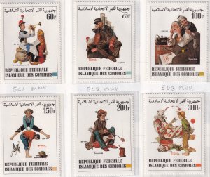 Sc# 561 / 566 Comoro Islands 1982 Art by Norman Rockwell set MNH CV $9.50