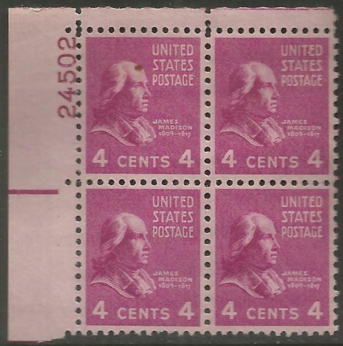 UNITED STATES 808 MNH, PLATE BLOCK, JAMES MADISON