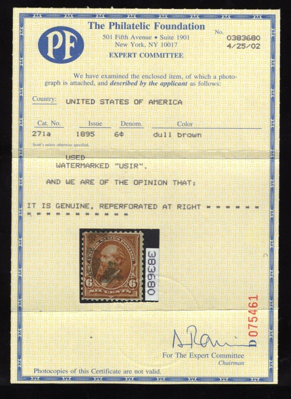 MOMEN: US STAMPS #271a USIR WMK USED PF CERT RARE LOT #80082*