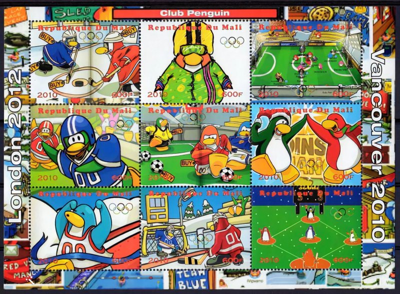 Mali 2010 CLUB PENGUIN BY DISNEY #2 OLYMPICS LONDON/VANCOUVER Shlt.(9) MNH