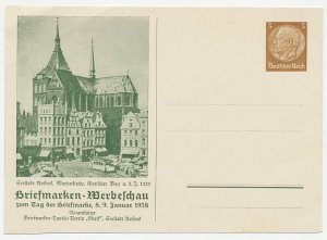 Postal stationery Germany 1938 Stamp show Rostock - Tram - Church
