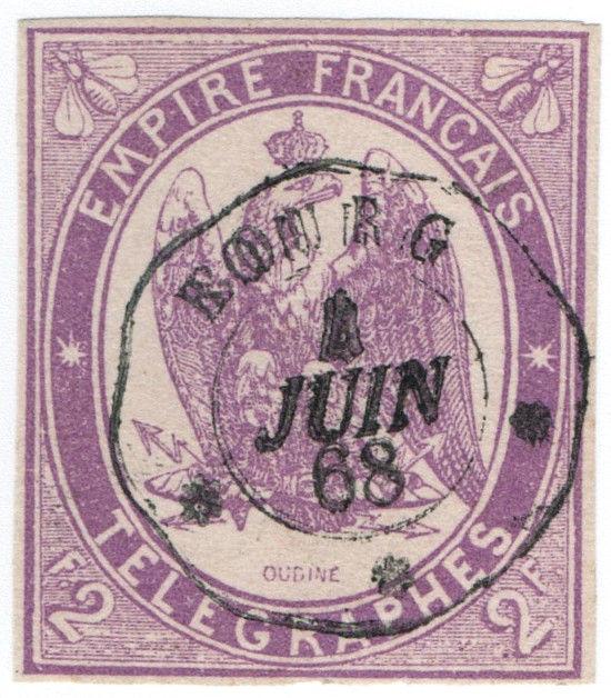 (I.B) France Telegraphs : 2Fr Lilac (1868)