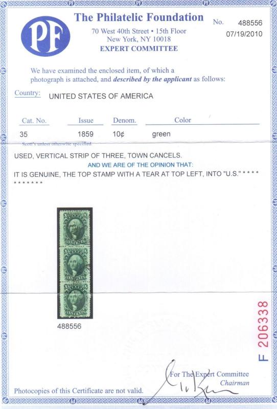 USA #35 Used Strip Of Three With Town Cancels **With Certificate**