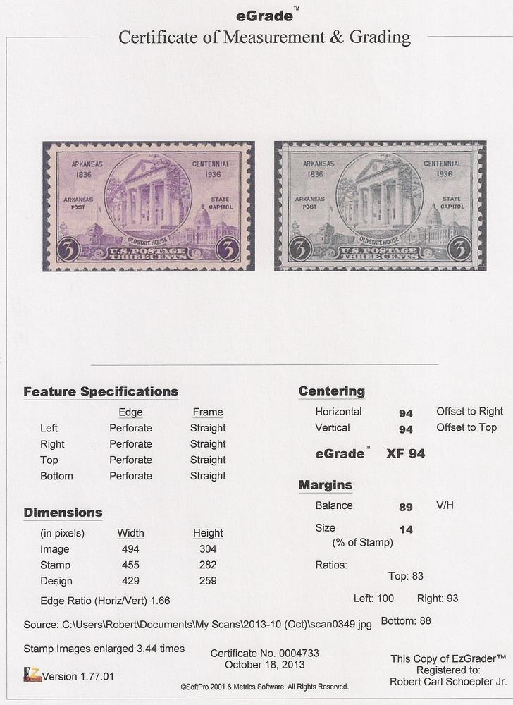 782 3 cent Arkansas Stamp mint OG NH EGRADED XF 94 XXF United States