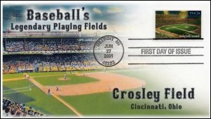AO-3512, 2001, Baseballs Legendary Playing Fields , Crosley Field, Add On Cachet