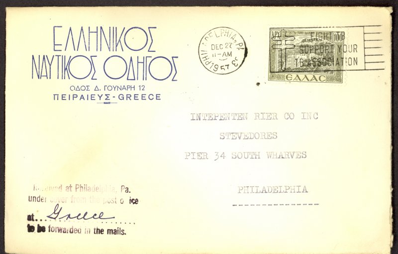 GREECE 1957 Nautical Themed Corner Card Cover Cancelled in USA w Instructional