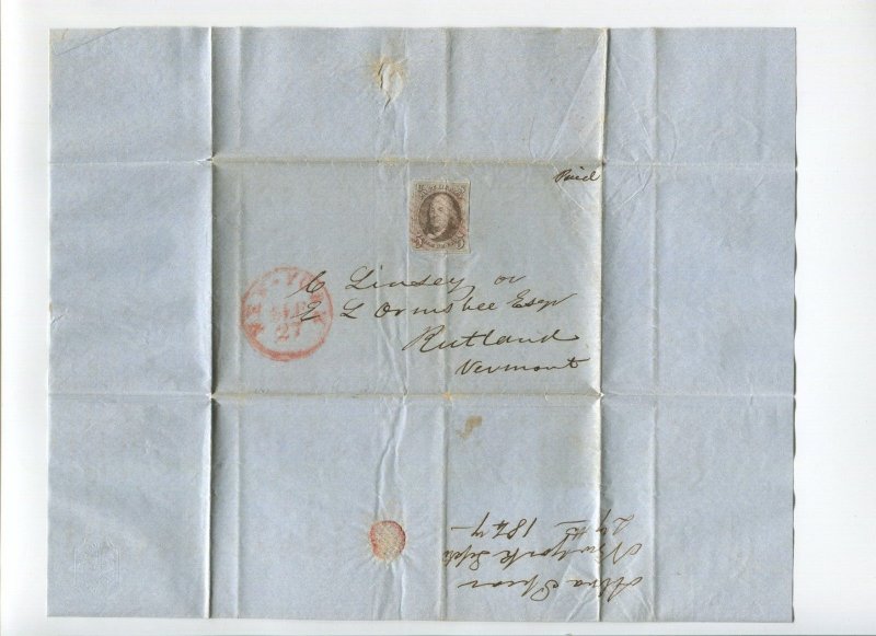 1 Franklin Imperf Used Stamp on SEP 27 1847 Cover NY to Rutland VT (LV 1637) 