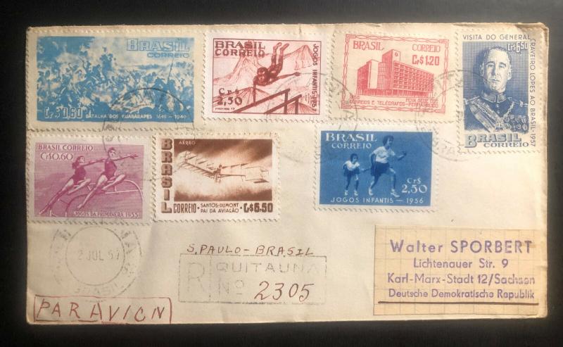 1957 Sao Pablo Brazil Airmail Registered Cover To Sachsen Germany