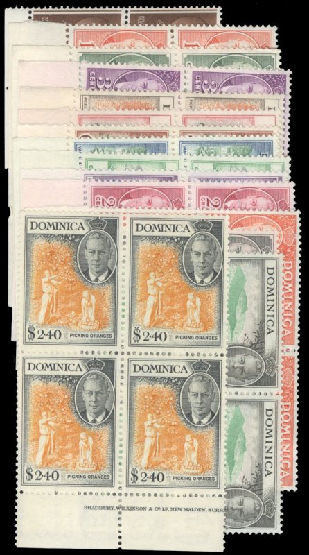 Dominica #122-136 Cat$227.40, 1951 George VI, complete set in blocks of four,...