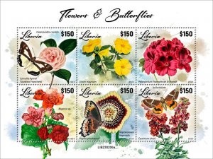 LIBERIA- 2023 - Flowers & Butterflies - Perf 6v Sheet - Mint Never Hinged