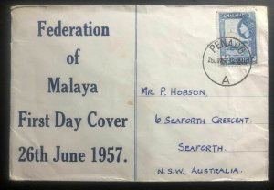 1957 Penang Malaya First Day Cover FDC To Australia Federation Anniversary