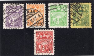 Latvia 1927-31 1s, 2s, 5s, 6s & 10s Arms, Scott 135-136, 140-141, 143 used