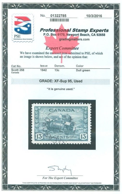 SCOTT #258 CANADA STAMP, Used-XF/SUPERB, PSE Graded 95! Meaford, Ont CDS Cancel