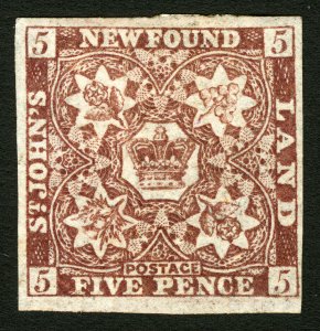 Newfoundland #19i 1861-1862 5D Reddish Brown Imperf, Very Fine Mint OG Hinged