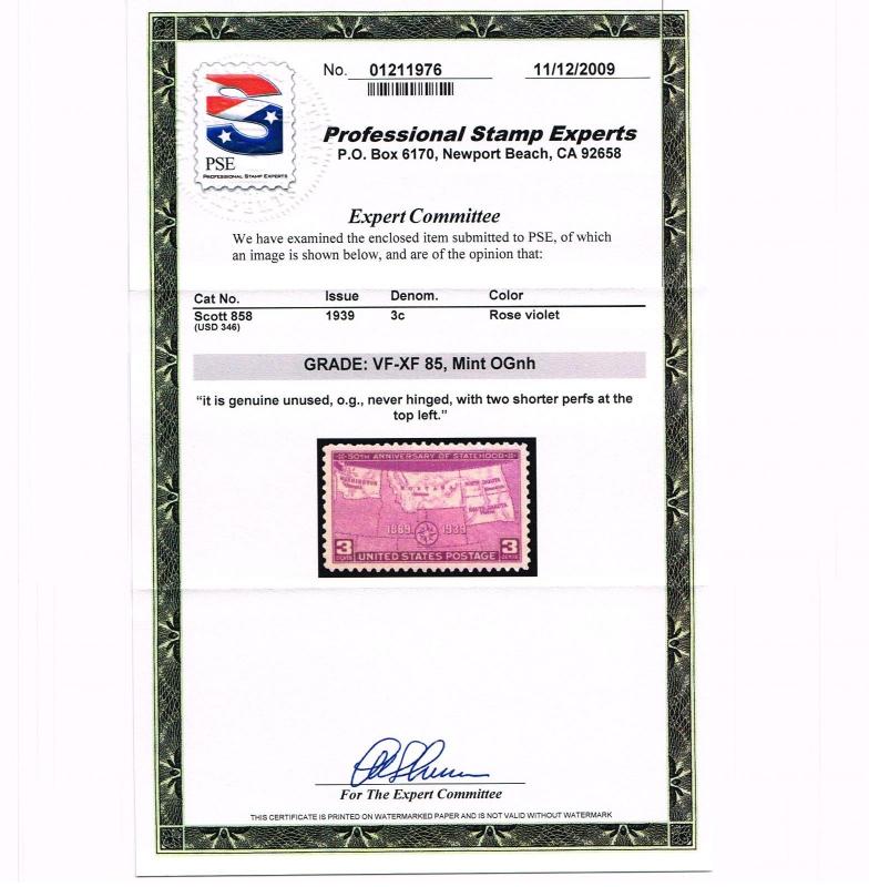 DEALER ESTATE CLOSE-OUT GENUINE SCOTT #858 MINT OG NH WITH PSE GRADED CERT 