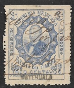MEXICO REVENUES 1879 3c Juarez Documentary Tax MATEHUALA Control Used DO49