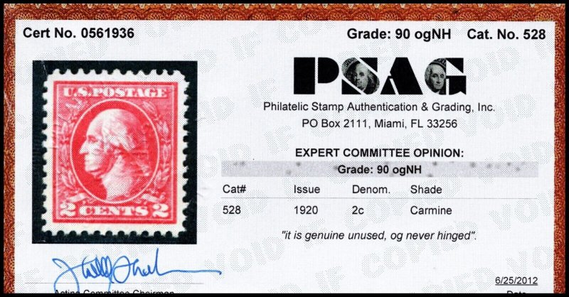 Scott 528 - 2 Cents Washington - MNH - Nice Stamp PSAG Cert 90 SCV - $65.00