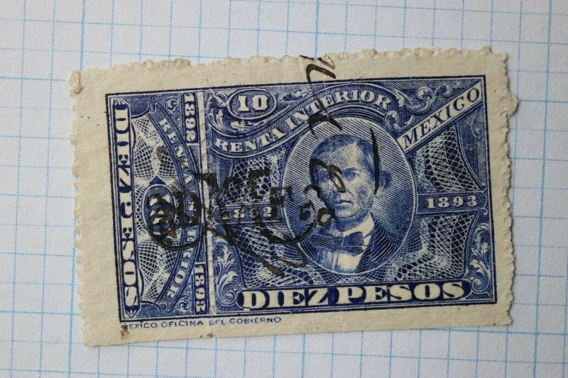 Mexico Revenue R101 10P pesos 1892-1893 Overprinted letter M