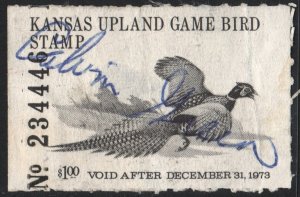 Kansas Wooten #13 Upland Game Bird Stamp (1973) Signed/Crease