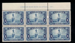 Canada #227 Extra Fine Never Hinged Plate #1 Top Block Of Six