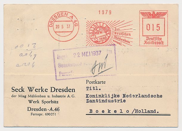 Meter card Deutsche Reichspost / Germany 1937 MIAG - Mills construction - Millst