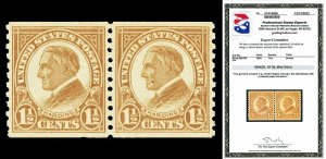 Scott 598 1925 1½c Harding Coil Issue Mint Pair Graded XF 90 NH with PSE CERT!