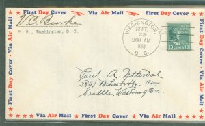 US 818 1938 13c Millard Fillmore (presidential/prexy series) single on an addressed first day cover with the autograph of the Wa