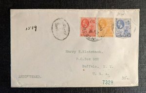 1926 Montserrat Registered Cover to Buffalo NY Via New York City