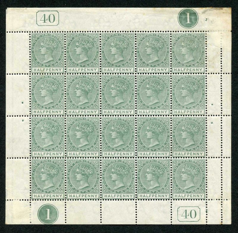 St Christopher SG11 1882-90 1/2d dull green complete pane of twenty