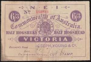 VICTORIA Beer Duty 1903 Crown 6/3 violet NEI ½ Hogshead, wmk crown A. Rare.