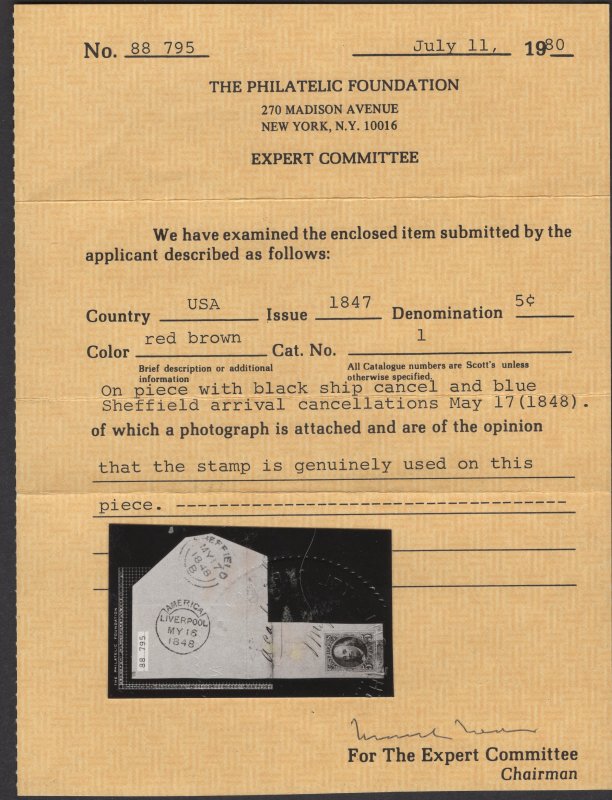 Scott #1 XF Tied on piece of cover, with certificate