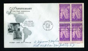 # 895 Block of 4 First Day Cover addressed with Artcraft cachet dated 4-14-1940