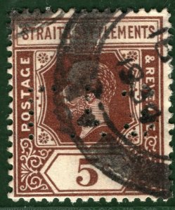 MALAYA Straits KGV Stamp 5c PERFIN 1934 ex Asia Collection BLACK374