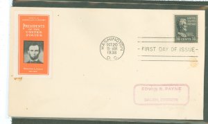 US 821 1938 16c Abraham Lincoln (part of the Presidential/Prexy series) on an addressed FDC with a Fidelity-Type add-on label