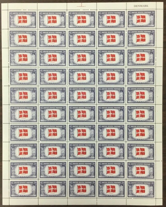 920  Denmark—-Overrun Nation, World War II.  MNH  5¢  Sheet of 50.  Issued 1943.