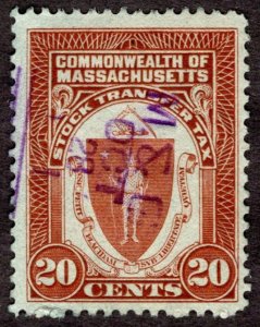 1950's, US 20c, Revenue, Used, Massachusetts stock transfer