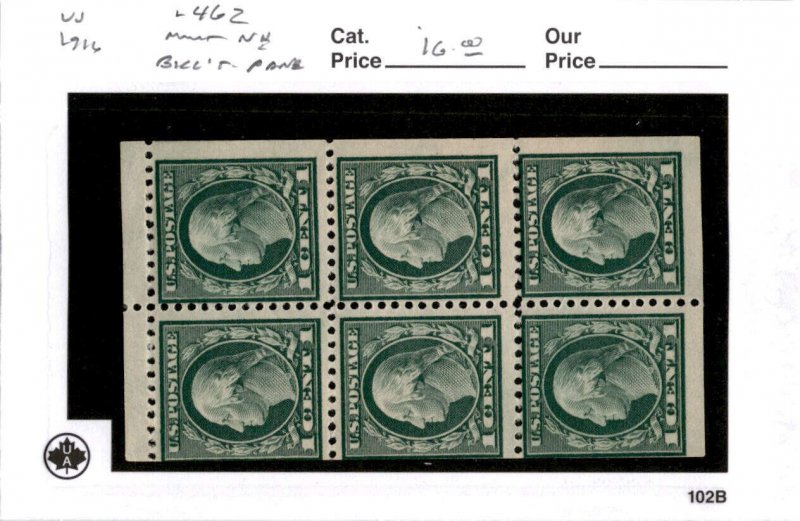 United States Postage Stamp, #462 Mint NH Booklet Pane, 1916 Washington (AC)