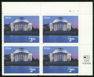 Jefferson Memorial $3.85 Priority Mail Plate Number Block of Four Scott 3647