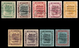 Brunei 1922 Malaya-Borneo Exhibition set complete VFU. SG 51-59. Sc 14b-37a.