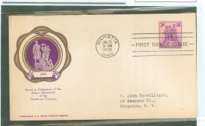 US 837 1938 3c Northwest territory/150th anniversary on an addressed first day cover with a rice cachet.