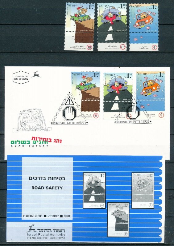 ISRAEL 1997 ROAD SAFETY STAMPS MNH + FDC + POSTAL SERVICE BULLETIN